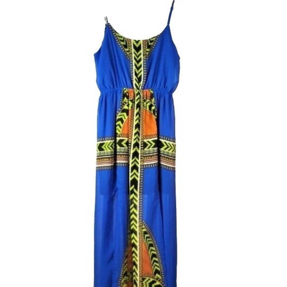 Fire Los Angeles Summer Boho Maxi Dress Overlay Blue Medium Adj Sun Tribal Mini